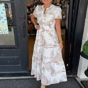 Umgee White and Brown Tiered Puff Sleeve Maxi Dress